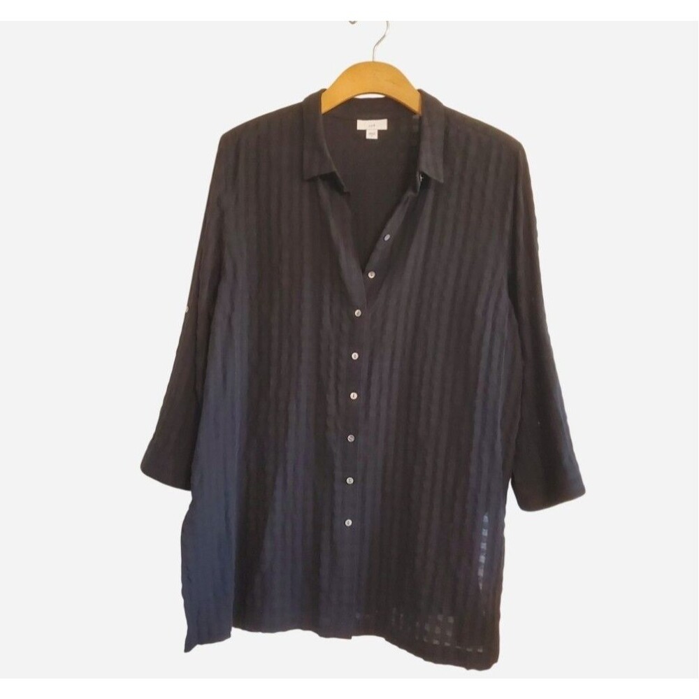 JJill Black Semi Sheer Gingham Button Up Tunic Top XL Lagenlook Boho Coastal